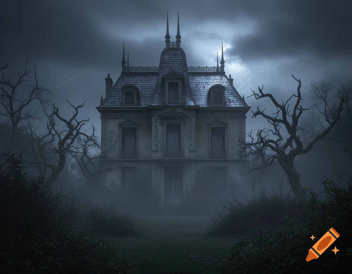A spooky, fog-shrouded haunted house with a mansard roof and spires under a stormy, lightning-filled sky, flanked by gnarled bare trees.