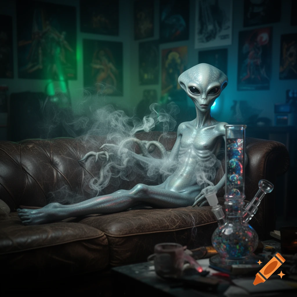 A photorealistic alien lounges on a brown leather couch, exhaling smoke from a bong on the table in a dimly lit room.