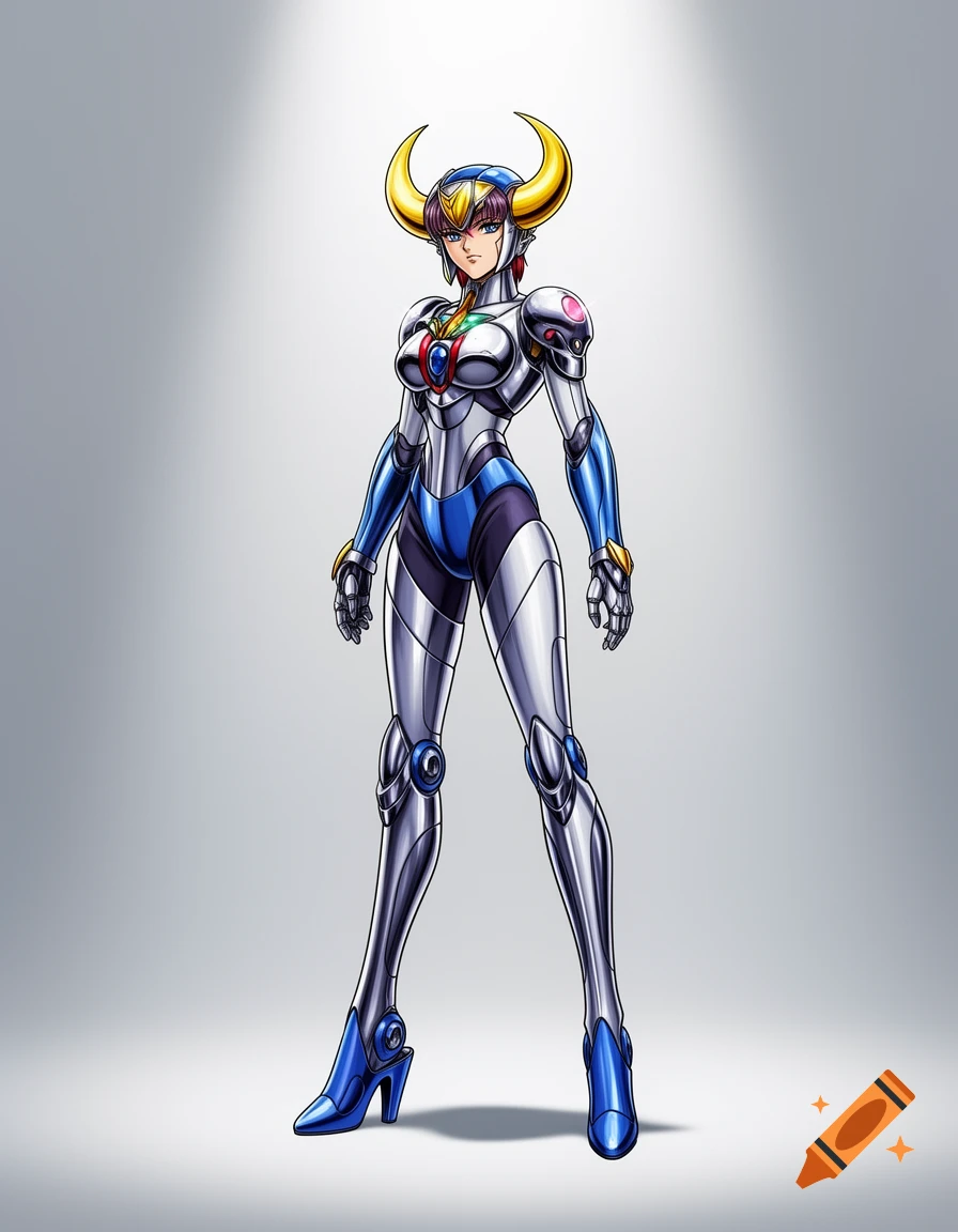 Full-body anime-style female character in a metallic silver and blue robot suit with yellow crescent horns, standing on a light gray background.