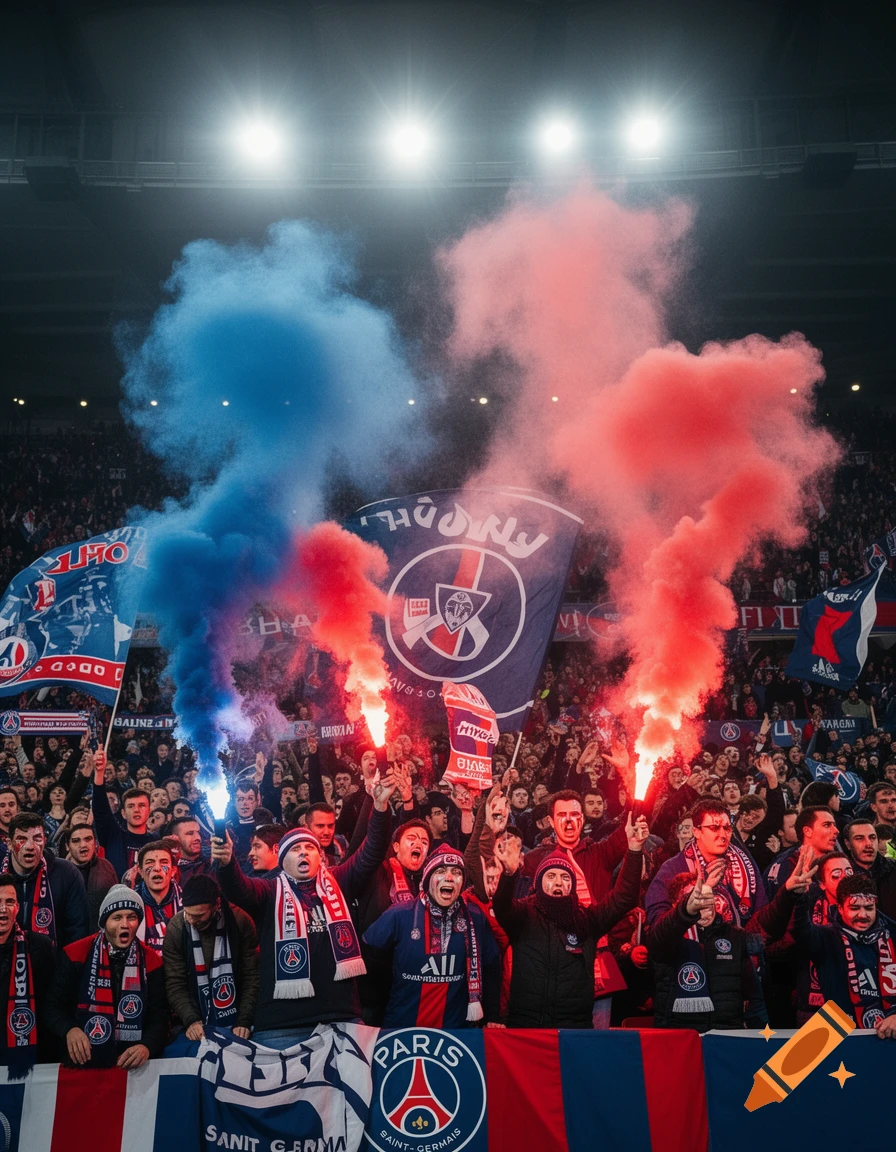 Enthusiastic football fans, part of the PSG ultras, wave flags and set off red and blue smoke flares in a packed stadium at night.