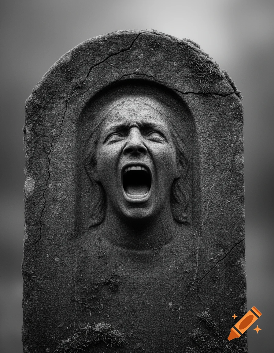 A close-up, black and white image of a screaming face carved into a weathered, cracked gravestone, covered with moss.