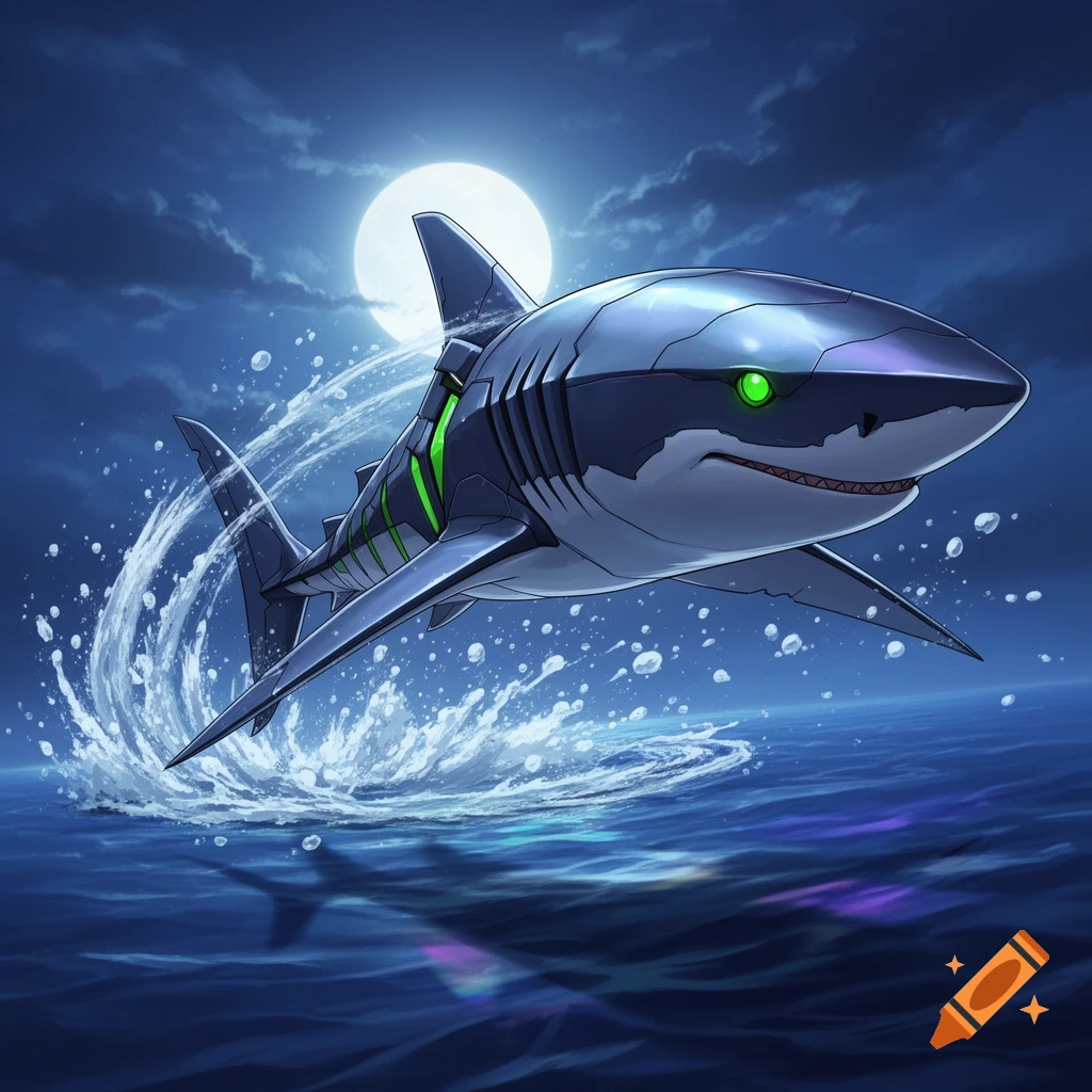 A stylized mechanical shark with glowing green eyes and highlights leaps from dark ocean water under a bright full moon.