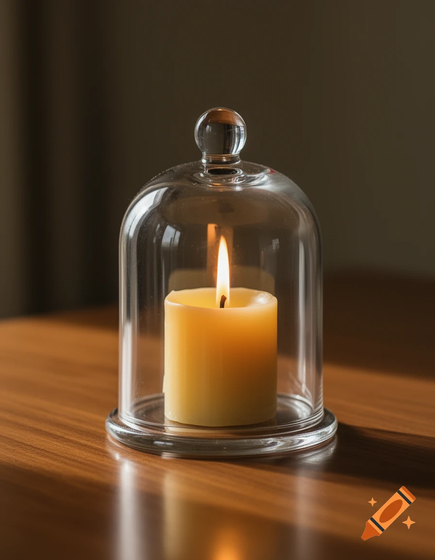 A lit yellow candle encased in a clear glass cloche, resting on a polished wooden table. Photorealistic.