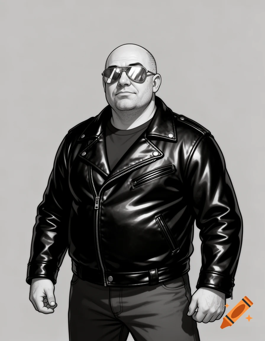 A monochrome 2D art portrait of a bald, burly man wearing aviator sunglasses and a black leather jacket.