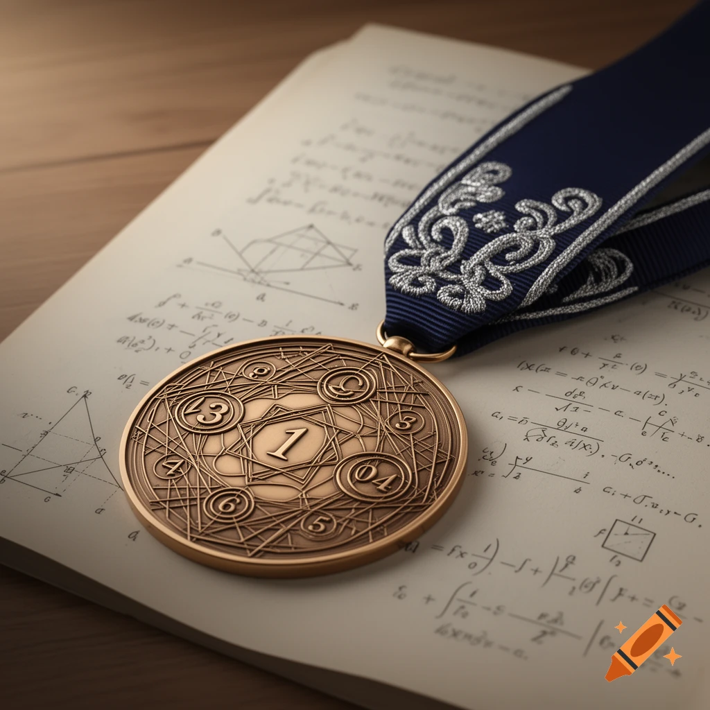 A close-up shot of a bronze medal with a number '1' in the center, resting on an open notebook filled with mathematical equations and diagrams, with a dark blue and silver embroidered ribbon attached to the medal.