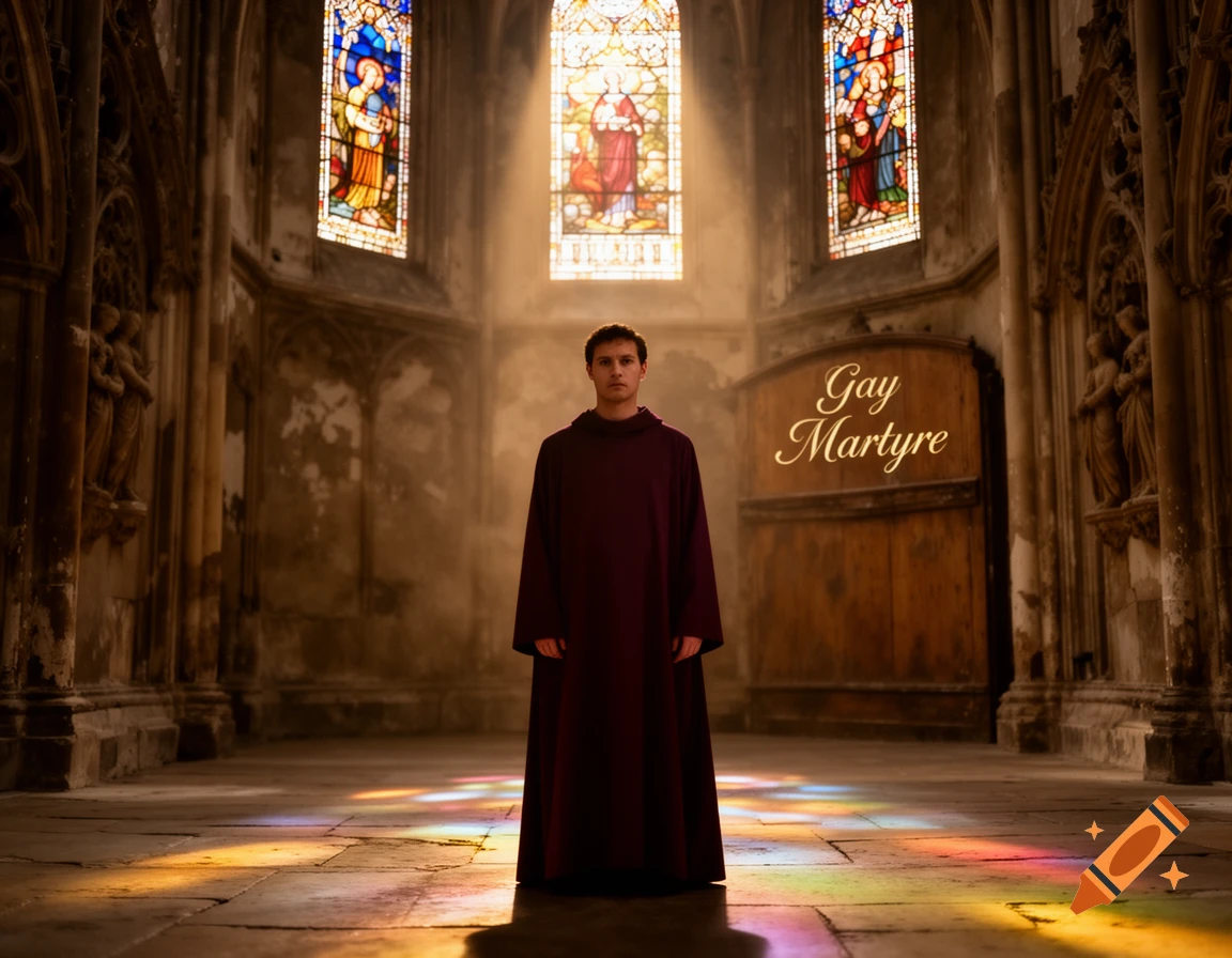 A man in a dark robe stands in a sunlit church, with colorful light on the floor and 'Gay Martyre' written on a wooden structure.