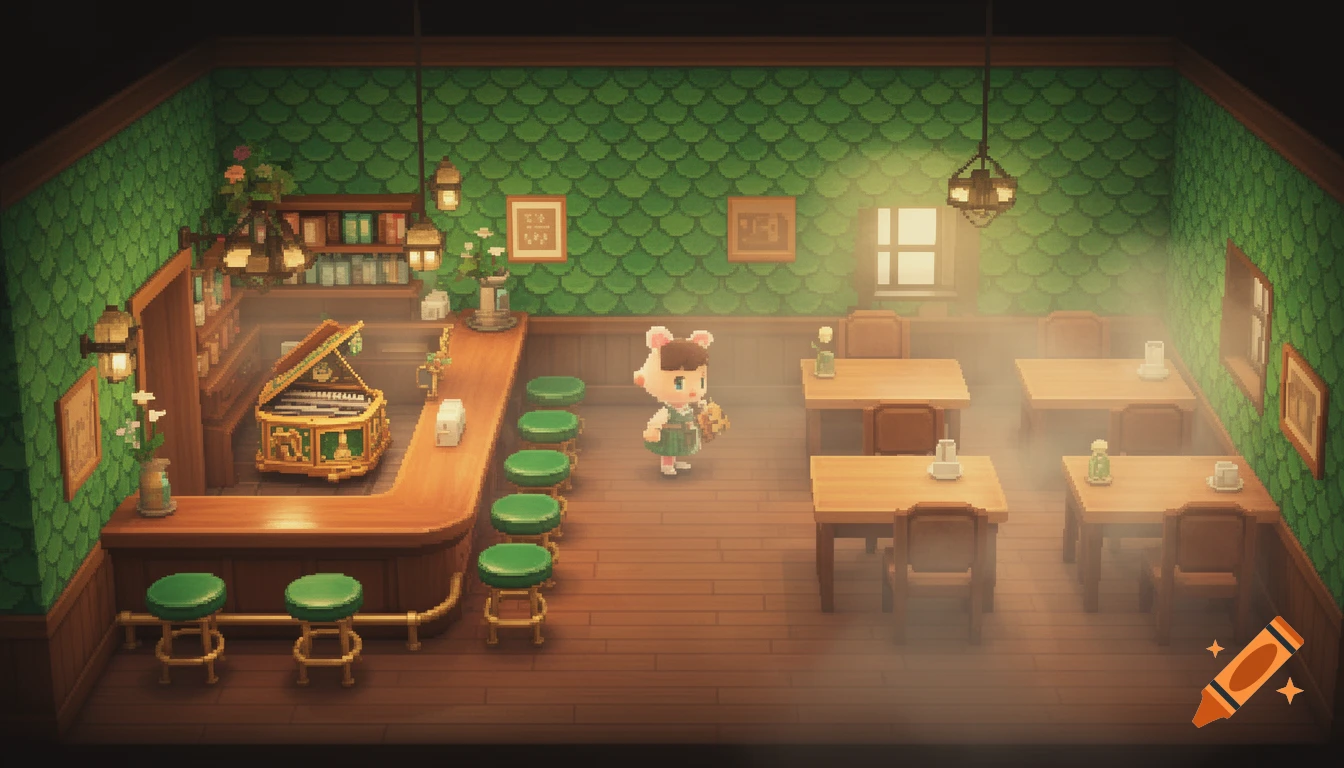 Animal Crossing pixel art of The Roost cafe interior with a mouse character, green walls, a wooden bar, green stools, tables, a music box, and soft lighting.