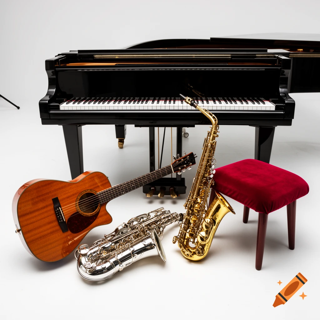 Photorealistic still life of a grand piano, acoustic guitar, gold and silver saxophones, and a red stool on a white background.