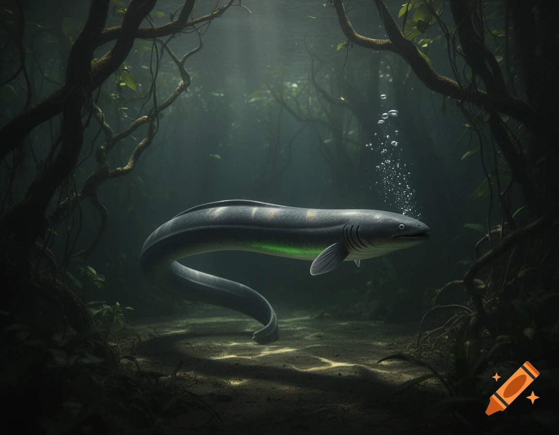 An electric eel with a green stripe swims through murky, root-filled underwater depths, bathed in sunlight.