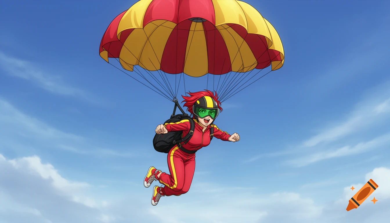 An anime stuntwoman with red hair and a red and yellow tracksuit skydives with a matching parachute against a blue sky.