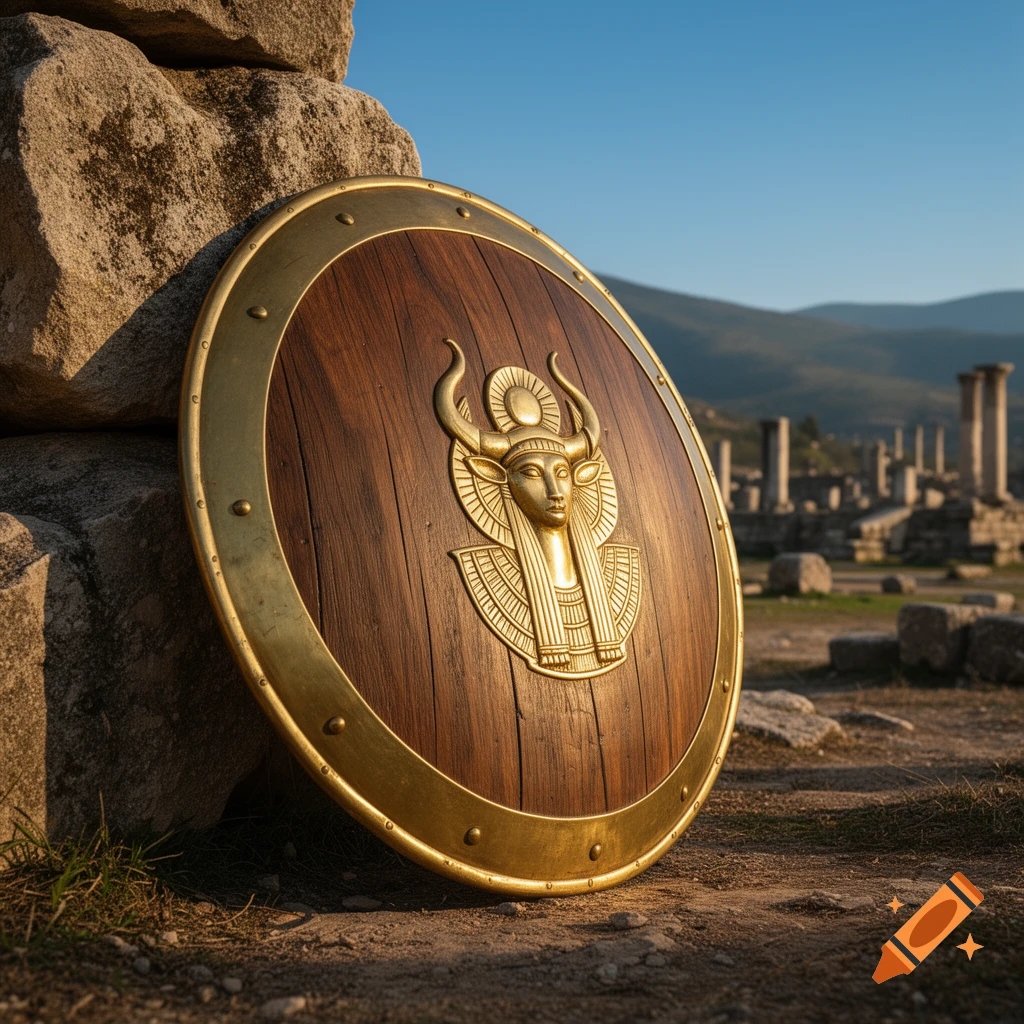 A round wooden shield with a golden Hathor symbol leans against rocks in ancient ruins under a clear sky.