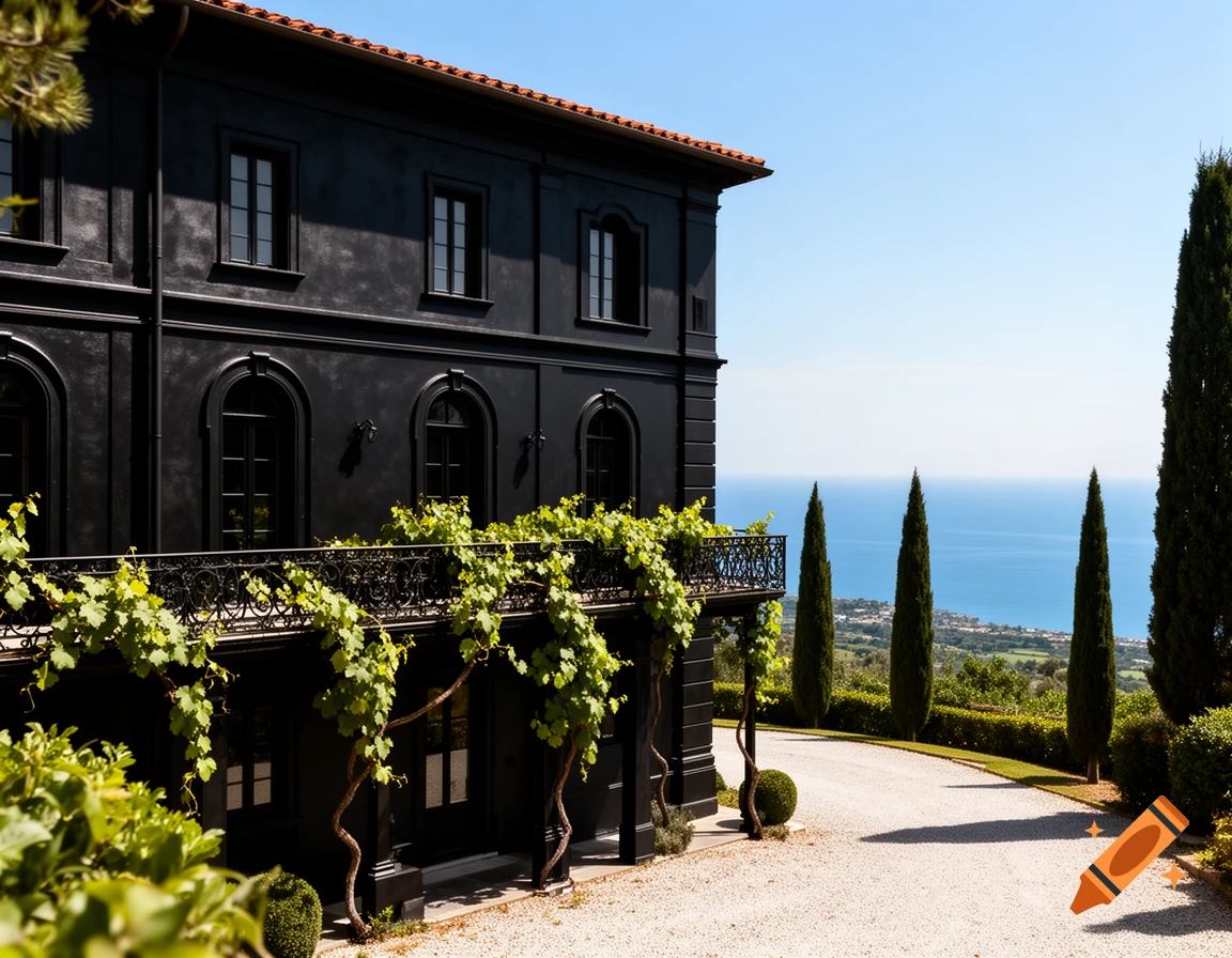 Photorealistic black Italian villa with terracotta roof and vine-covered balcony, overlooking the blue sea with cypress trees.