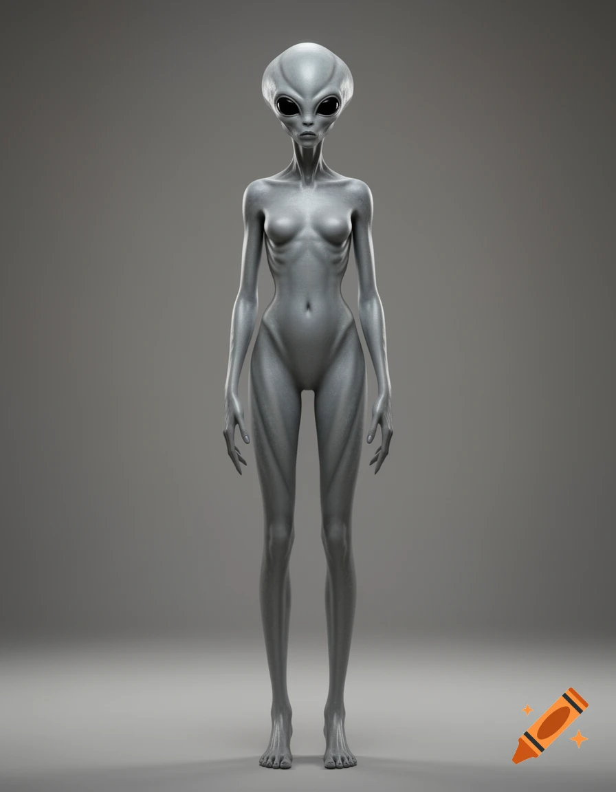 A full-body photorealistic rendering of a slender grey alien with large dark eyes, standing upright against a plain grey background.