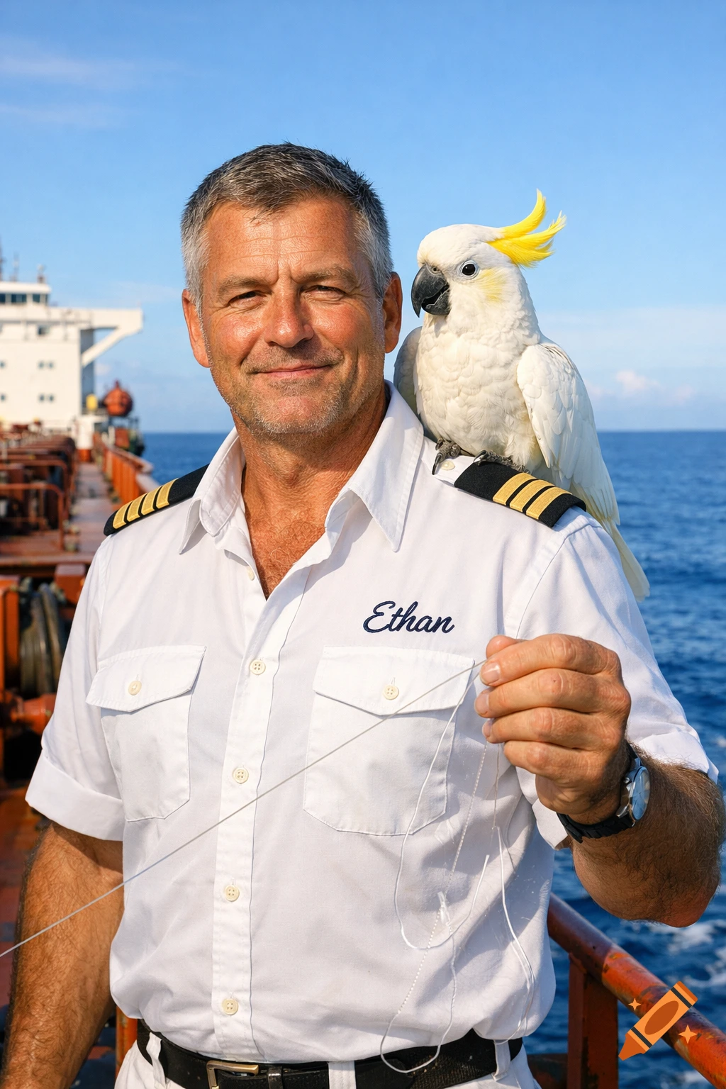 A smiling man, a marine superintendent, on a ship at sea, holds a fishing line with a white cockatoo on his shoulder. His shirt reads 'Ethan'.