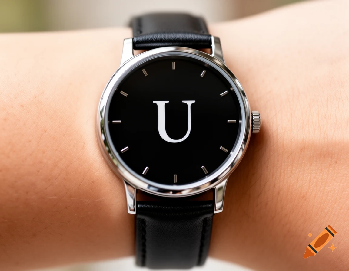 A close-up of a silver watch with a black face featuring a white 'U' and a black leather strap, worn on a wrist.