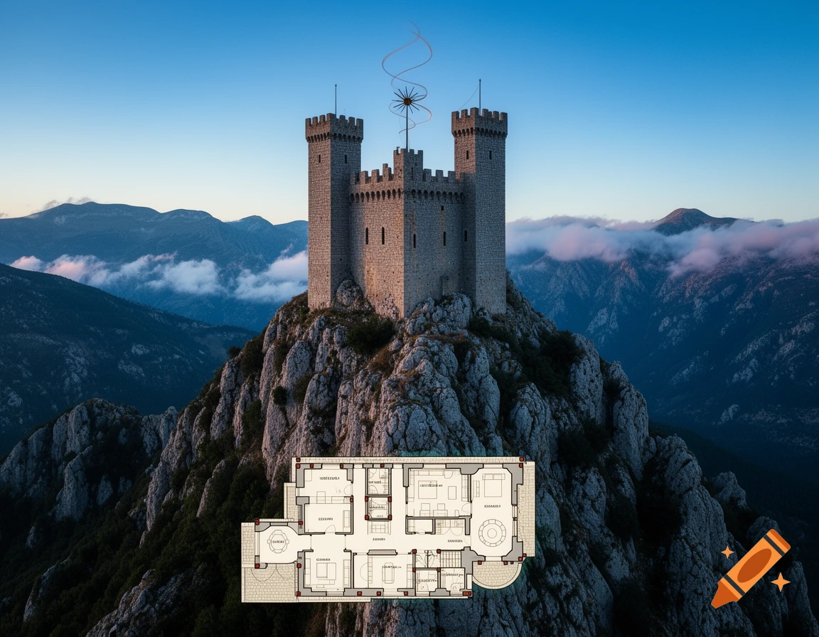 A stone medieval castle sits atop a rugged, rocky mountain peak, overlooking a vast mountainous landscape. A detailed floor plan is superimposed.