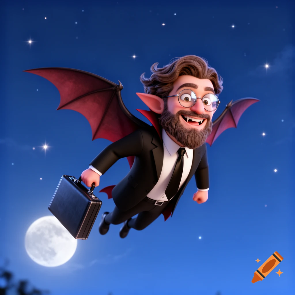 A friendly 3D cartoon vampire in a suit with bat wings, glasses, beard, and fangs flies with a briefcase against a starry night sky and full moon.