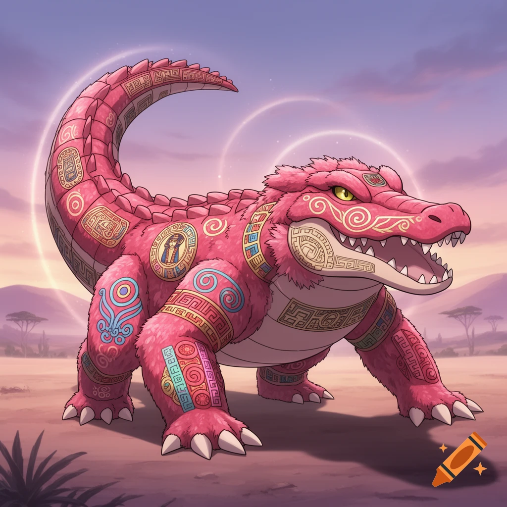A fluffy pink alligator creature with intricate gold, blue, and red Aztec and Egyptian patterns stands in a desert under a pastel sky.