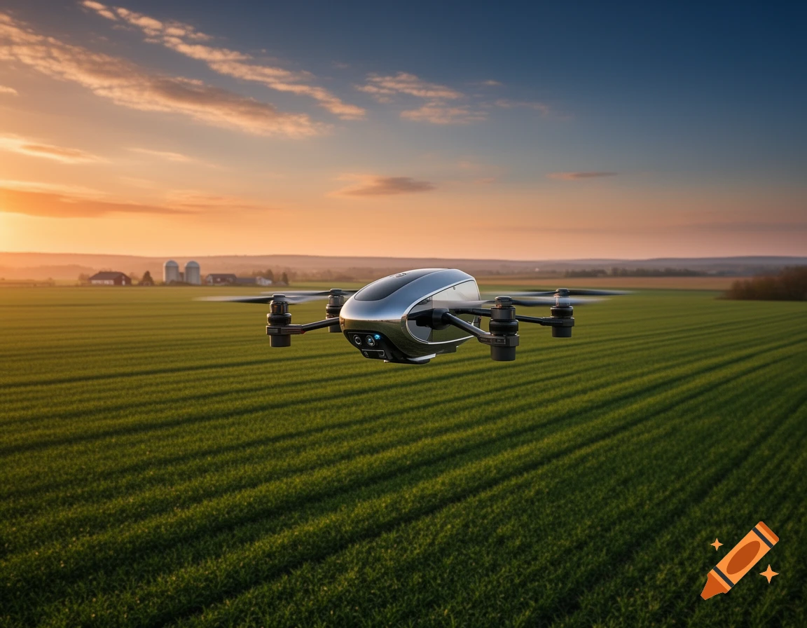 A modern drone hovers over a vibrant green field at sunset with silos in the background, photorealistic.
