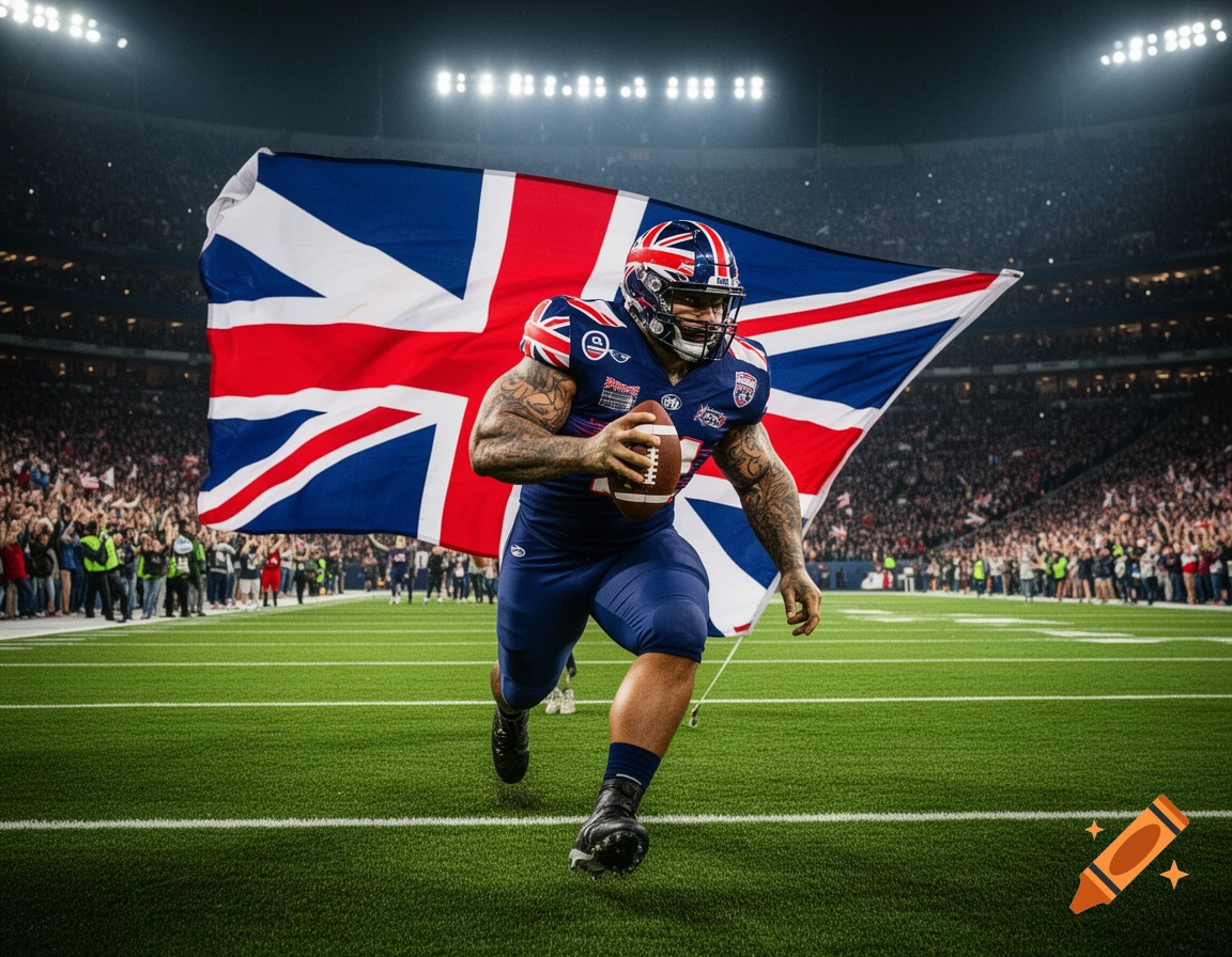 A muscular American football player in a blue uniform and helmet runs on a green stadium field, with a large British flag waving behind him and a crowd of spectators in the background.