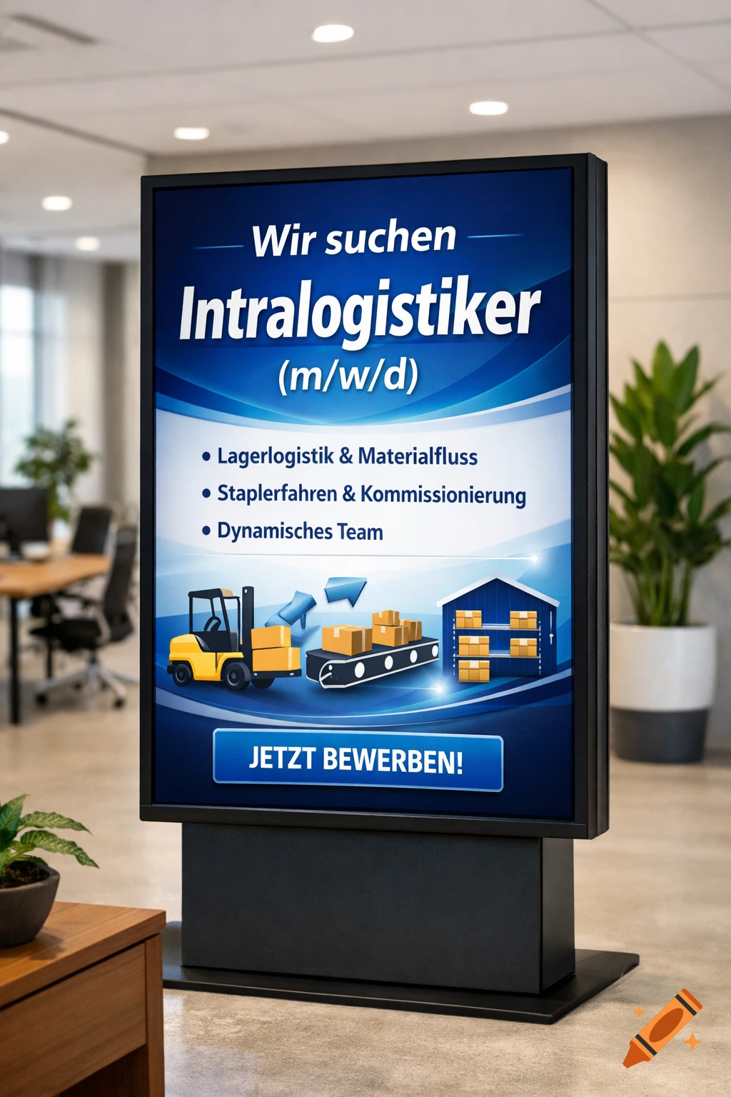 A digital billboard in an office displays a German job ad for 'Intralogistiker' with logistics graphics and 'Apply Now!' button.