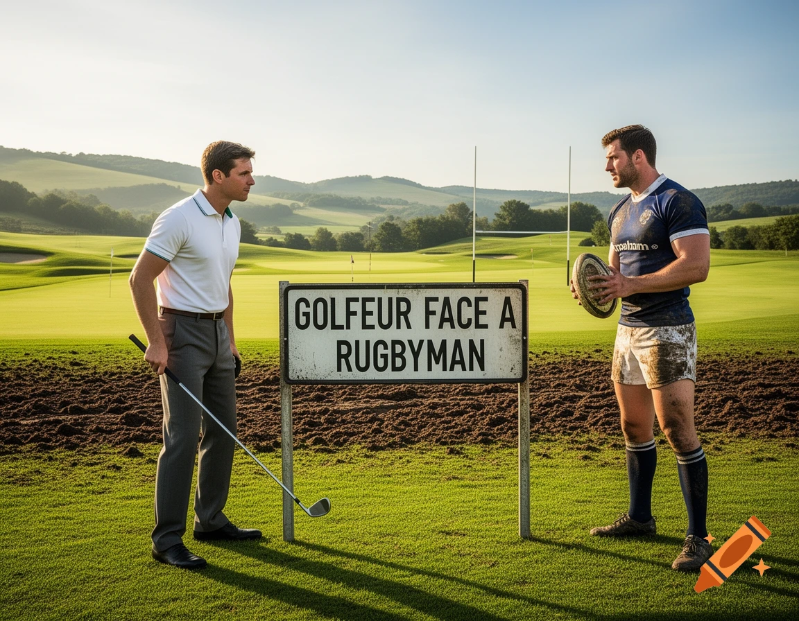 A golfer and a rugby player stand on a mixed golf course and muddy field, facing each other with a sign between them that reads "GOLFEUR FACE A RUGBYMAN" under a clear sky.