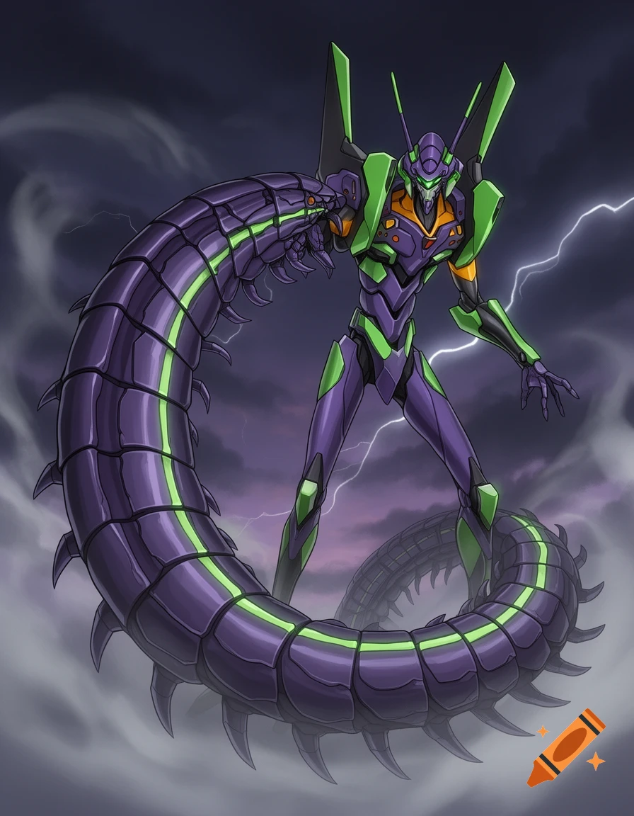 A purple and green anime mecha, Eva 01, with a long spiky centipede body coiled around it, stands in a stormy, lightning-filled sky.
