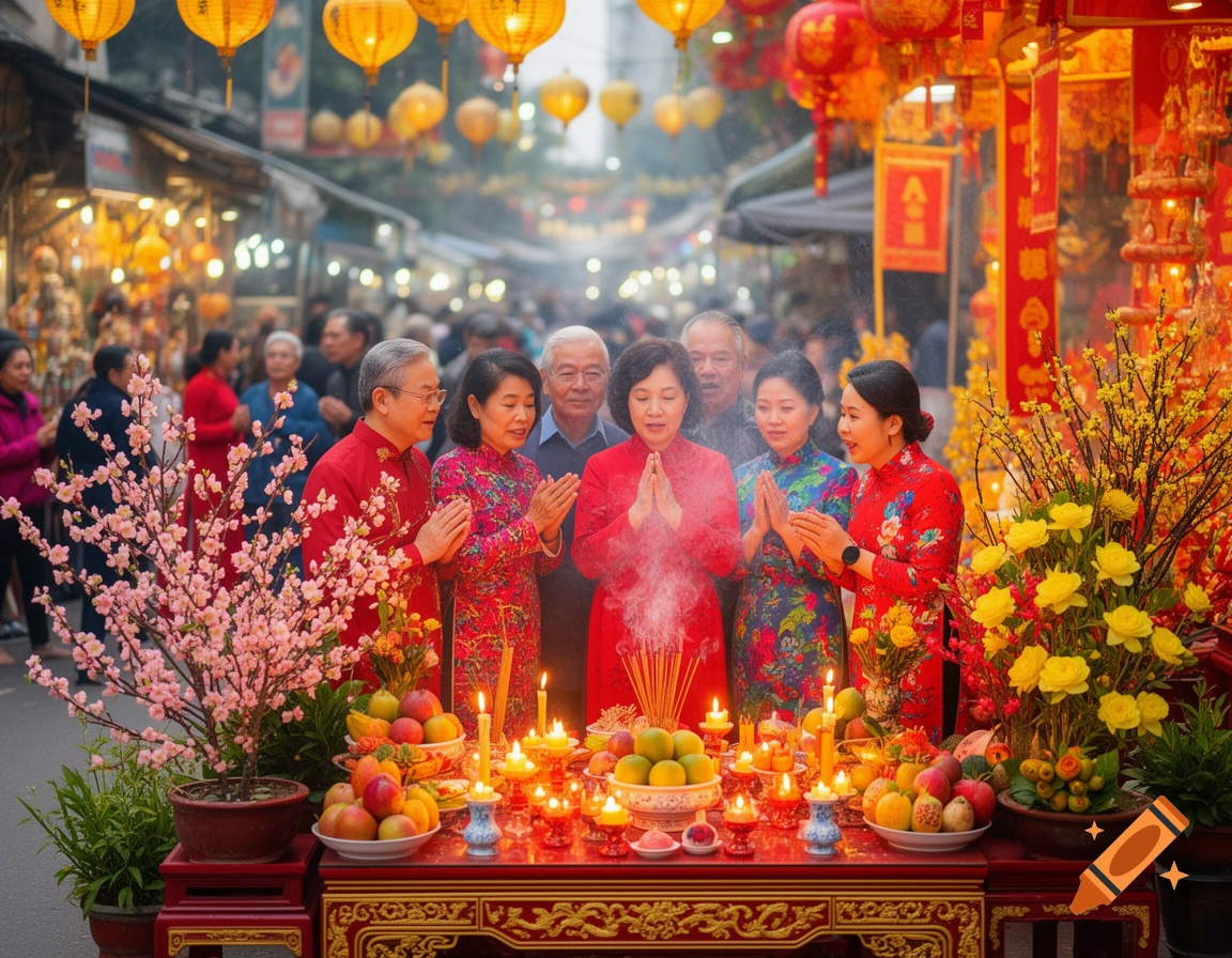 People in traditional clothing perform ancestral worship at an altar laden with fruit, flowers, and incense under glowing lanterns in a bustling street decorated with peach blossoms and apricot blossoms.