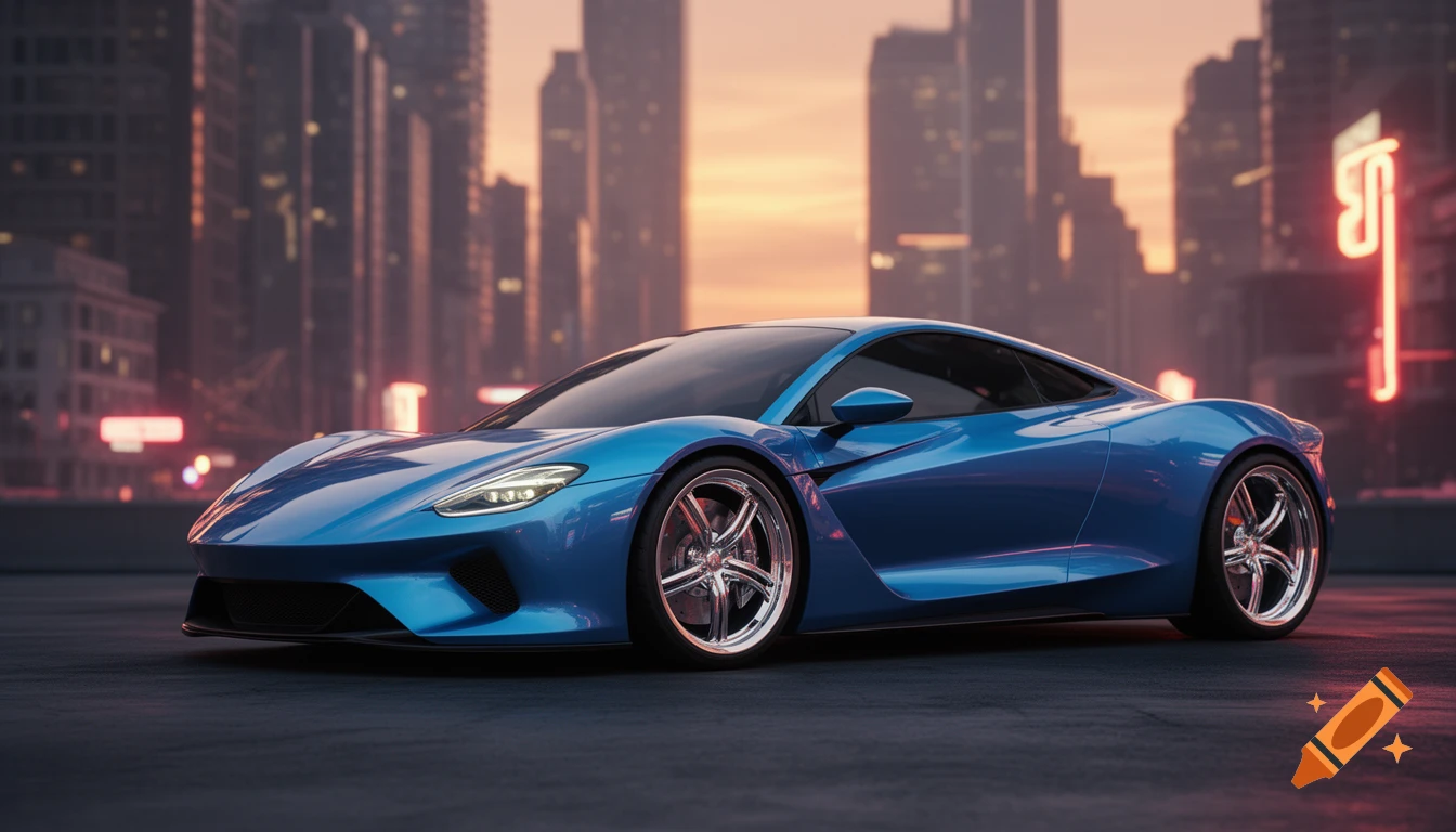 A gleaming blue sports car parked on a city street at sunset, with tall ...