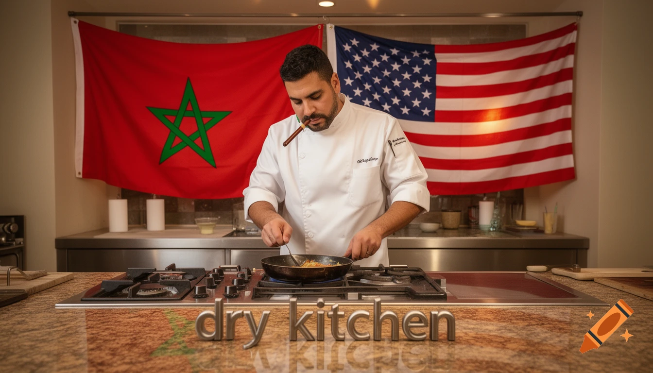 A chef cooks in a modern kitchen, with Moroccan and US flags in the background and 'dry kitchen' in the foreground.