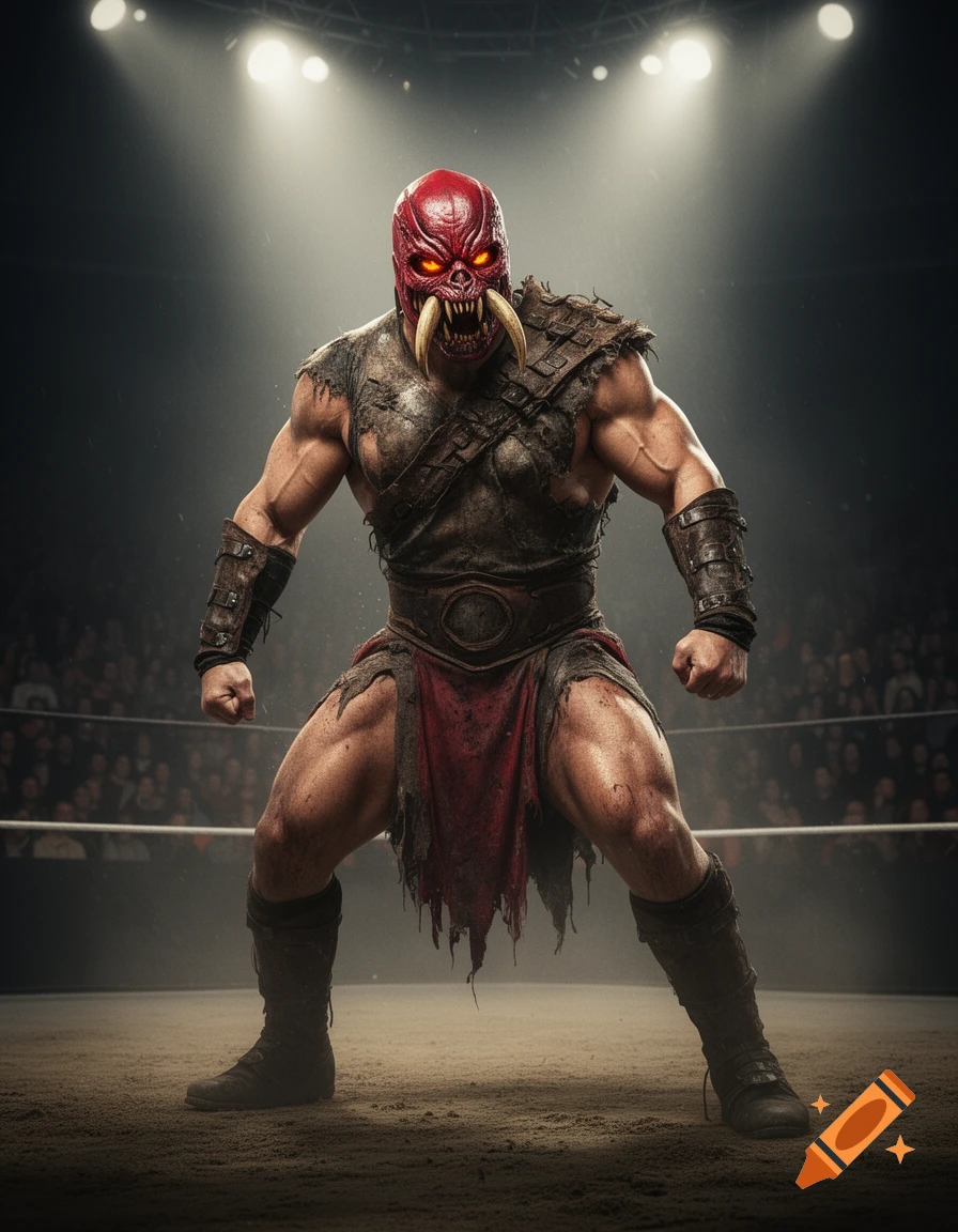 A muscular man in a red monstrous mask with glowing eyes and tusks, barbaric armor, and a red loincloth stands in a wrestling ring under spotlights.