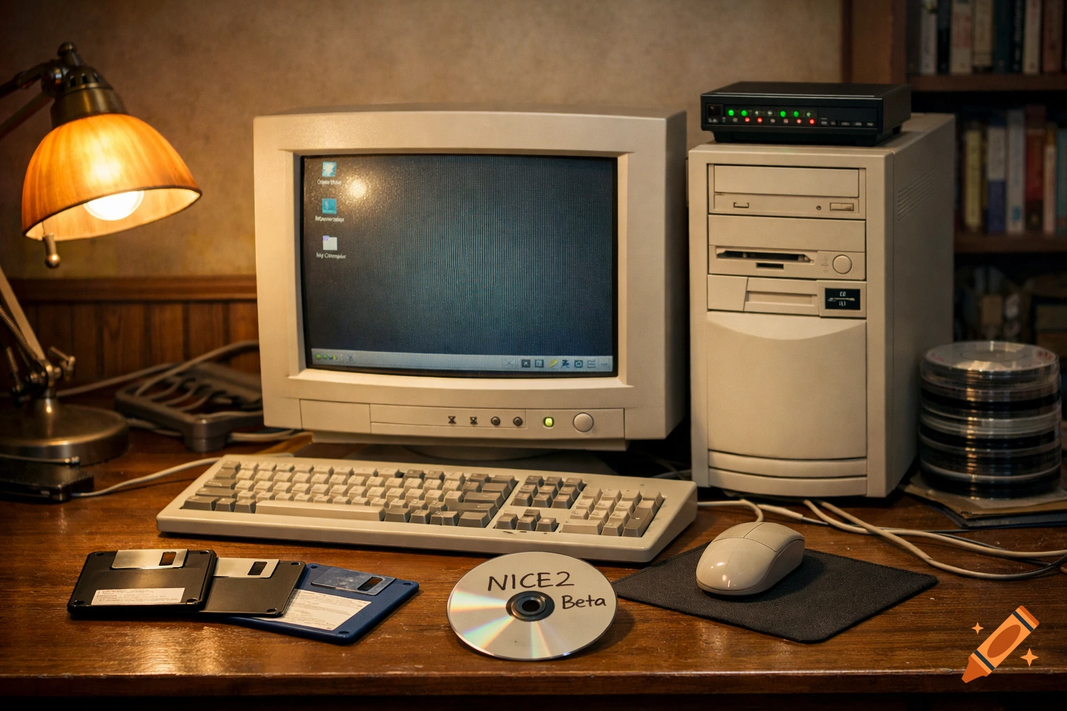 A retro late-1990s computer desk with a CRT monitor, beige tower PC, keyboard, mouse, floppy disks, and a CD labeled NICE2 Beta.