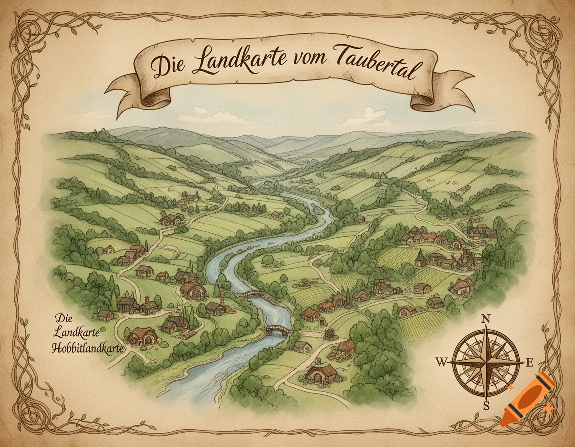 A watercolor-style fantasy map showing a lush green valley, a winding river with bridges, and numerous small hobbit-like houses. The map is titled "Die Landkarte vom Taubertal" with "Die Landkarte Hobbitlandkarte" also present. A compass rose is in the bottom right.