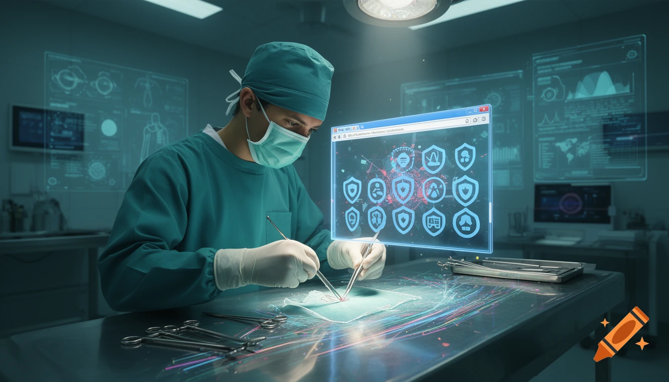 A surgeon in medical scrubs and mask operates on a glowing, holographic browser window displaying cybersecurity icons, in a futuristic operating room.