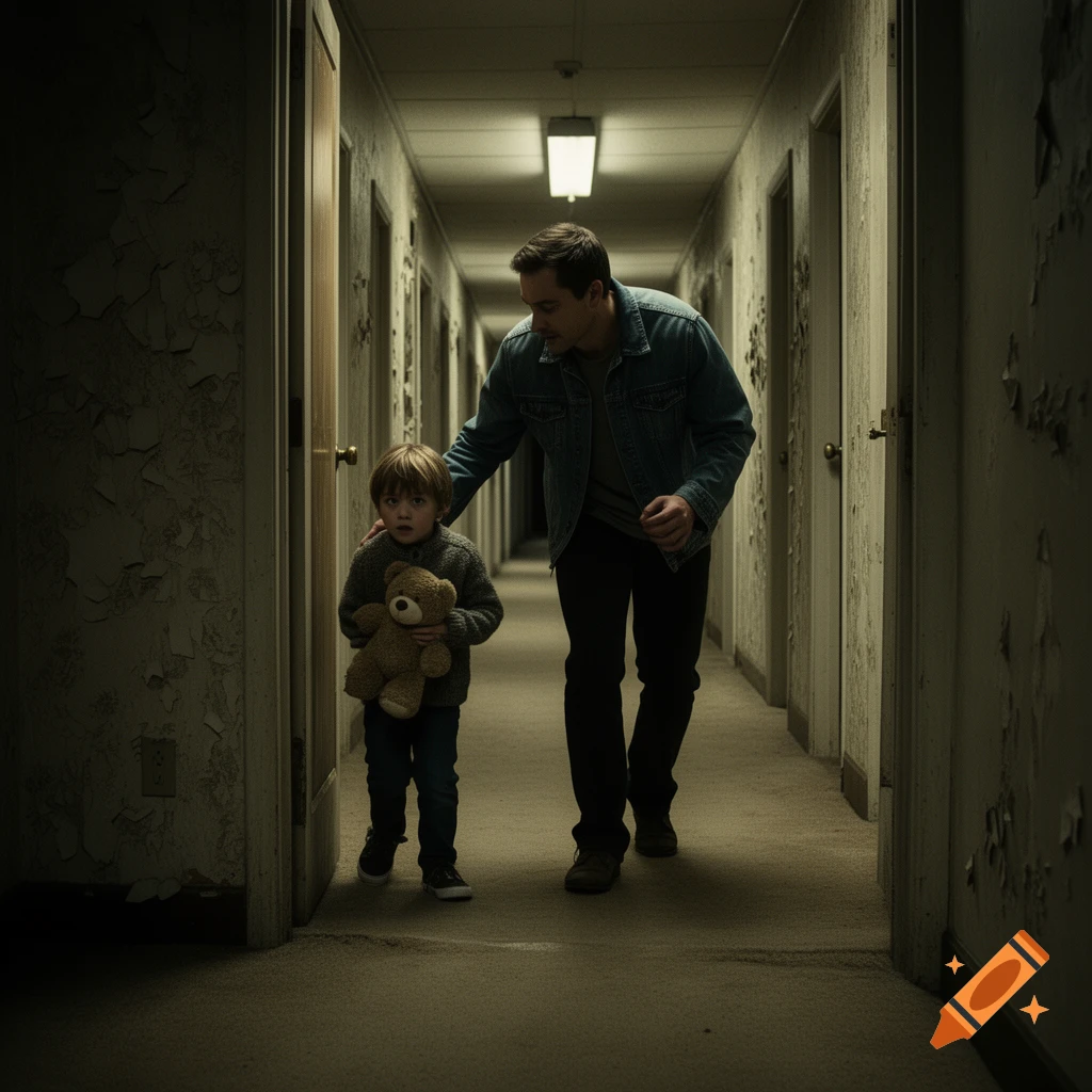 A man with a hand on a child's shoulder walks down a long, dimly lit, dilapidated hallway with peeling paint, the child holding a teddy bear.