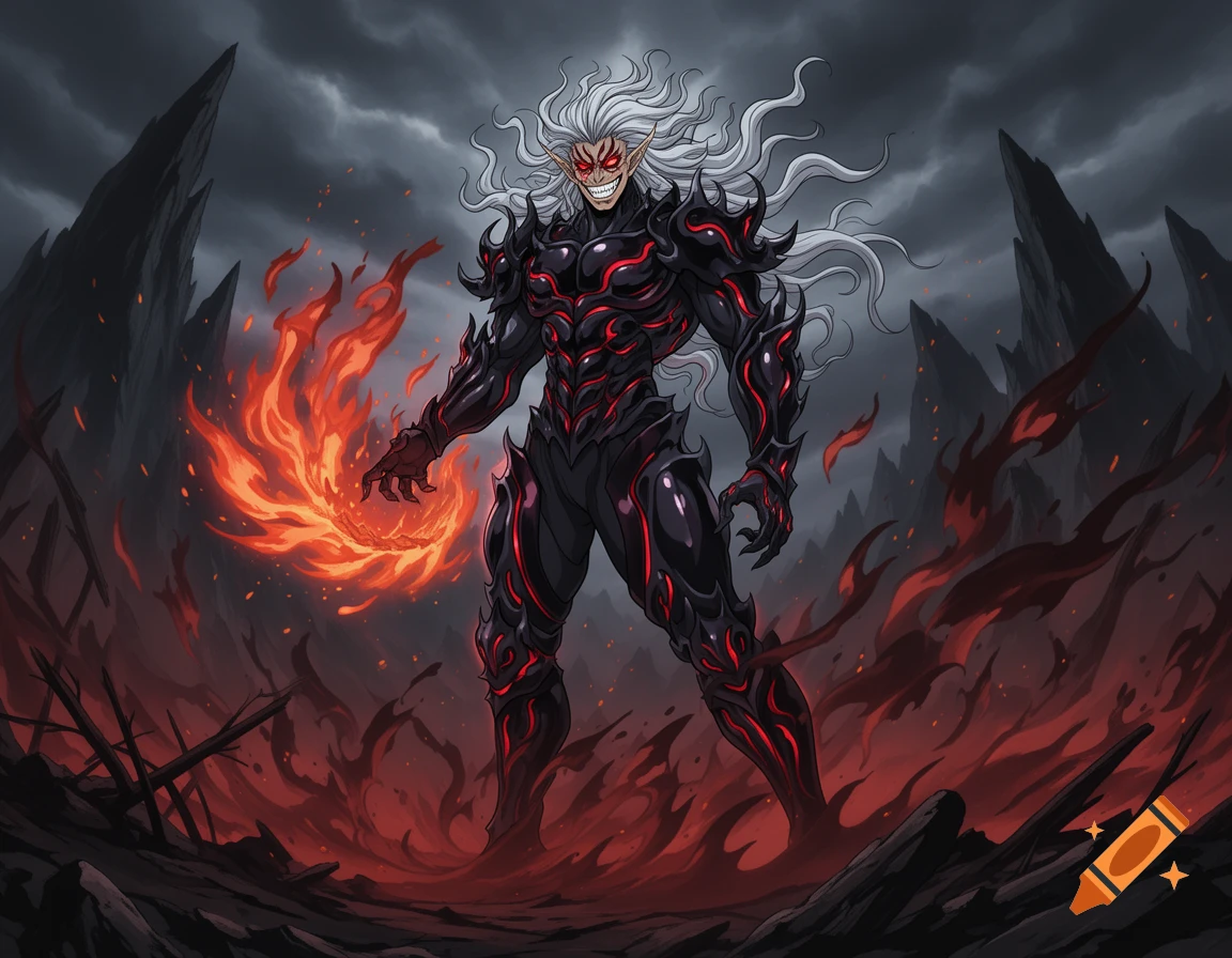 A powerful, dark anime-style demon with white hair, red eyes, and black armor stands on fiery ground, holding a swirling ball of fire.