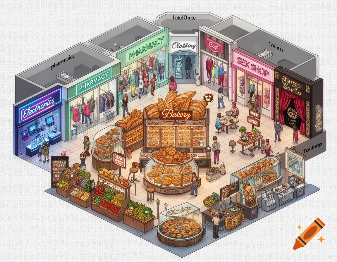 An isometric cartoon-style map of a mall with various shops including a bakery, electronics, pharmacy, clothing, cafe, sex shop, and tattoo studio. People are depicted walking around and inside the stores.