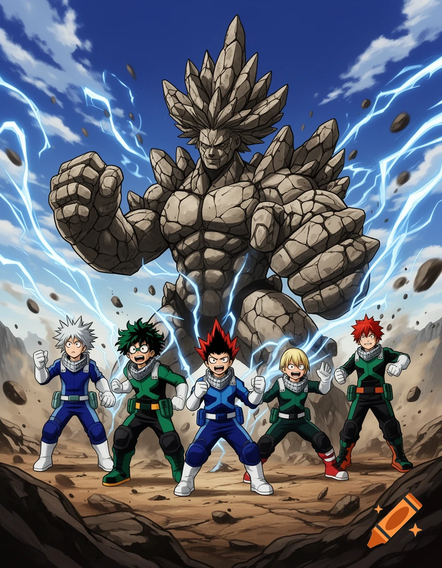 A giant rock monster looms over five anime boys with various hair ...