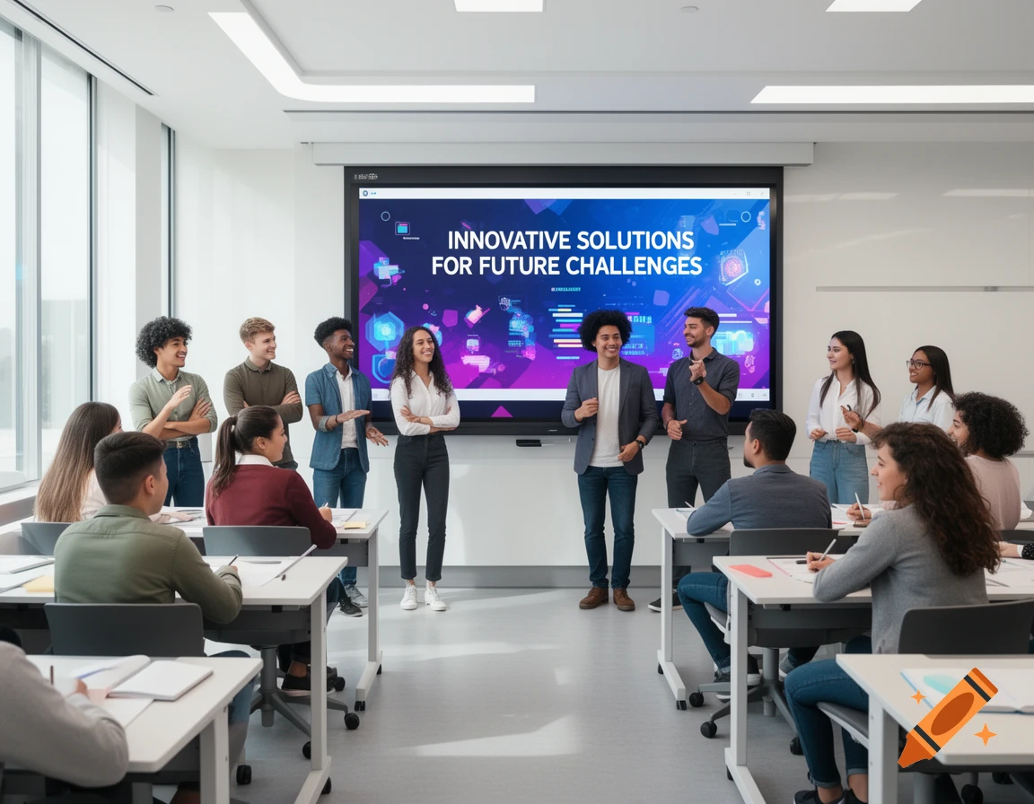 A diverse group of students presents a project on a large screen in a modern classroom, with other students observing and taking notes.