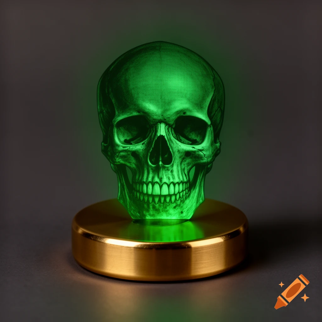 A luminous green holographic skull stands on a round, flat brass base against a dark background.