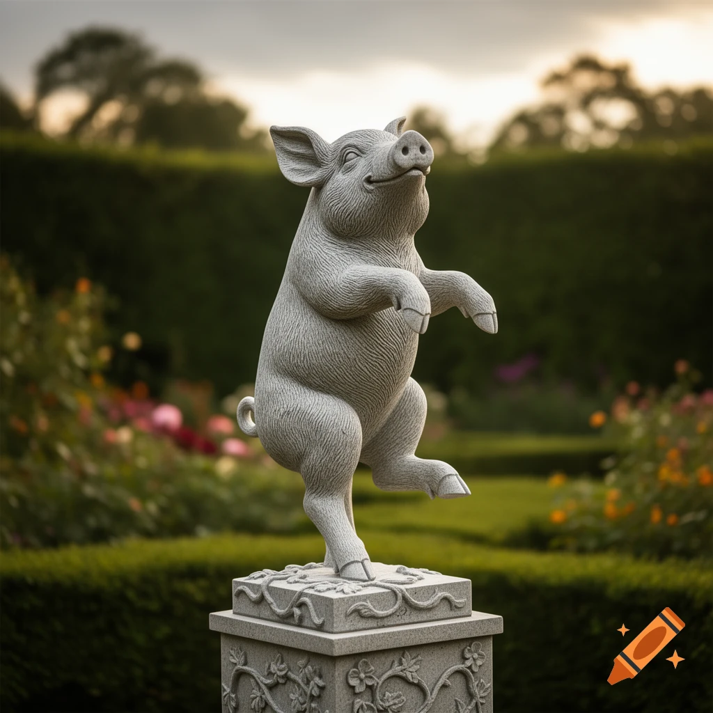 A photorealistic stone statue of a pig standing on its hind legs in a lush garden.