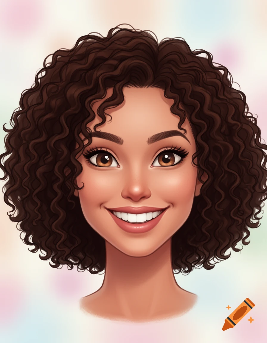 Cartoon portrait of a smiling woman with curly brown hair and large brown eyes, set against a soft, colorful background.