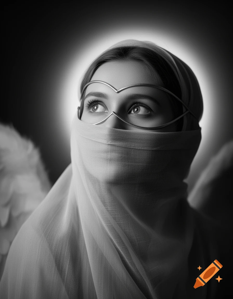 Black and white portrait of an angelic figure with a veiled face, decorative mask, and subtle wings, looking upwards with a soft halo.