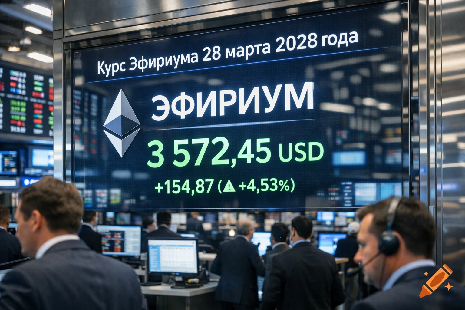 A large screen on a trading floor displays the Ethereum price of 3,572.45 USD, with traders in suits in the foreground and background.