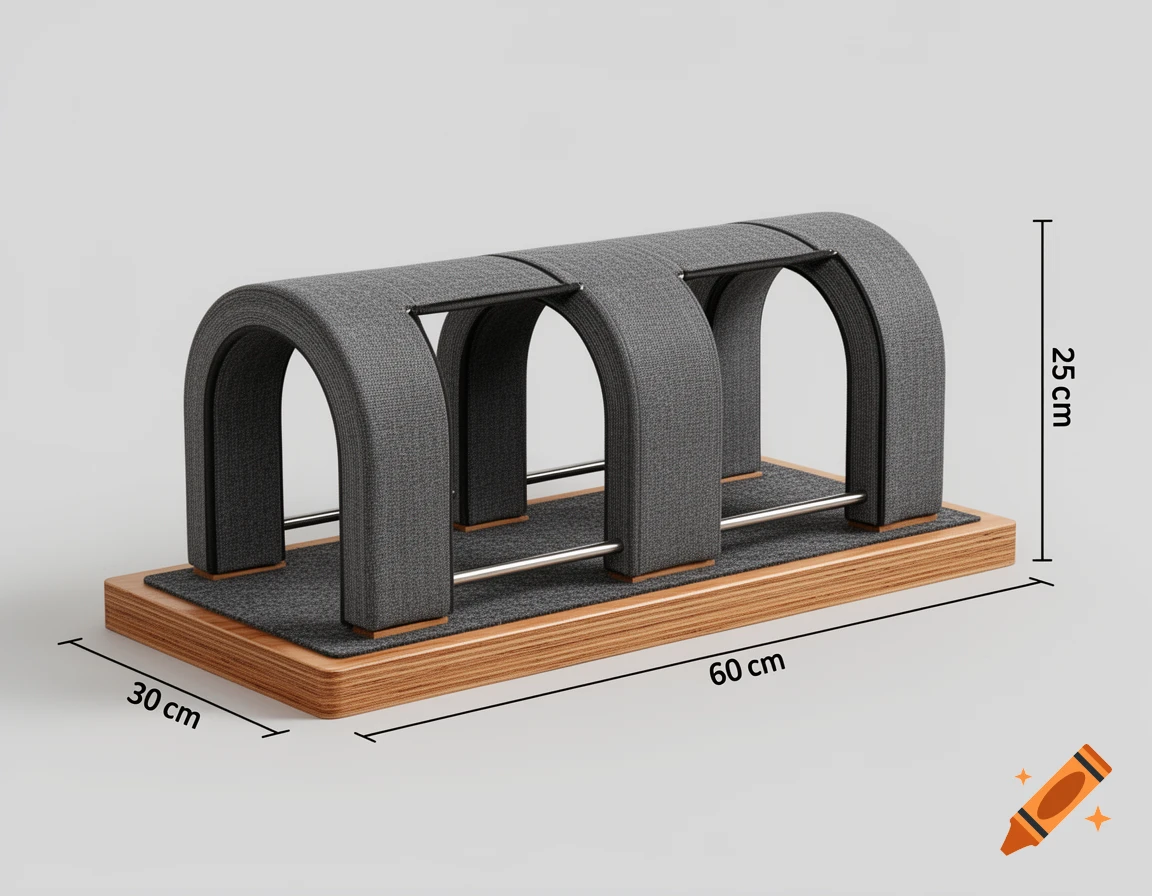 3D rendering of a rectangular cat toy with a wooden base, gray fabric U-shaped arches, and metal rods, displaying dimensions.