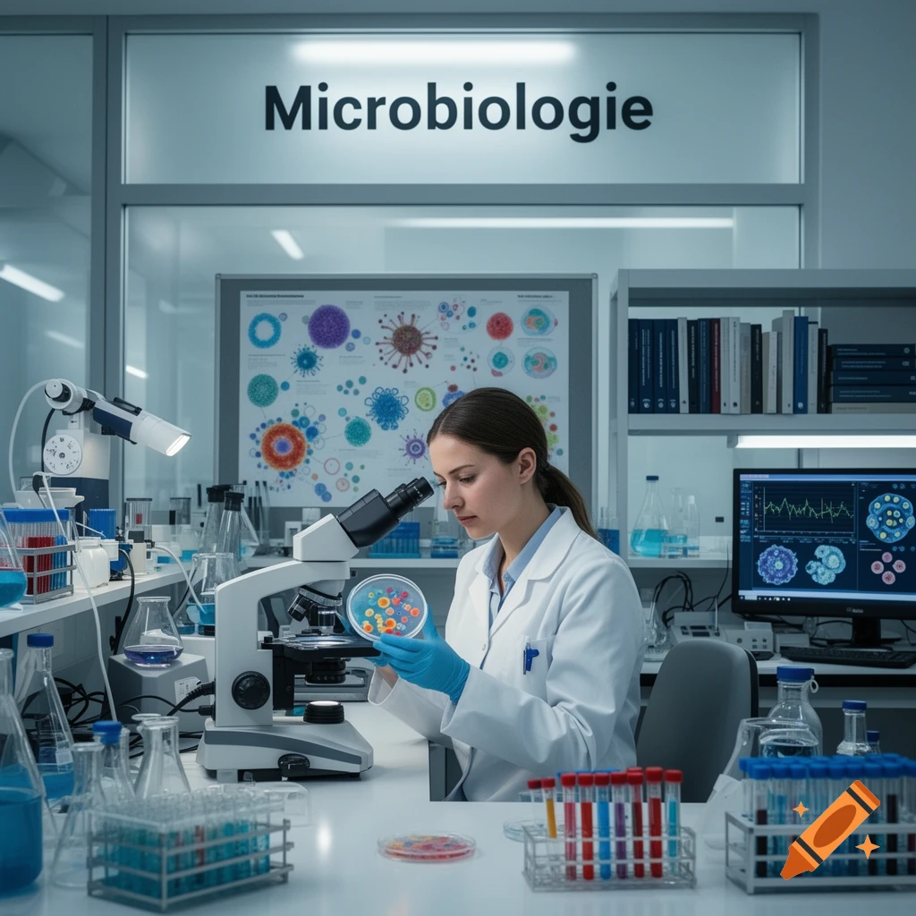 A female scientist in a lab coat and gloves examines a petri dish under a microscope in a clean, well-lit microbiology laboratory.
