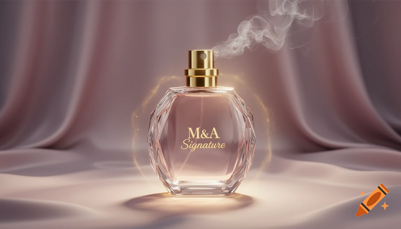 An elegant, faceted perfume bottle with a golden cap and 'M&A Signature' label, emitting smoke, on a draped satin background.