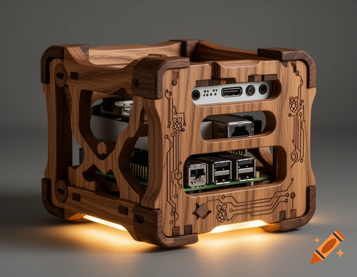A compact wooden case for a Raspberry Pi 5, featuring visible ports and engraved circuit patterns, glowing with warm light from below.