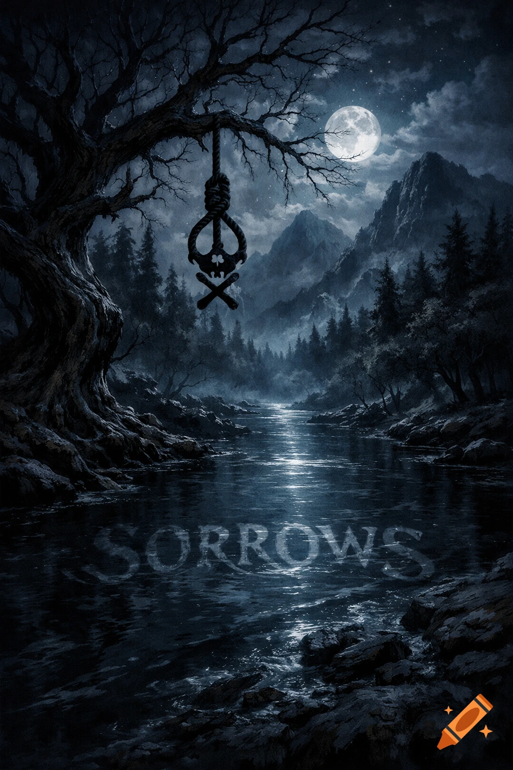 A dark, gothic landscape illustration with a full moon illuminating a river and mountains. A stylized noose with a skull symbol hangs from a gnarled tree, and "SORROWS" is reflected in the water.