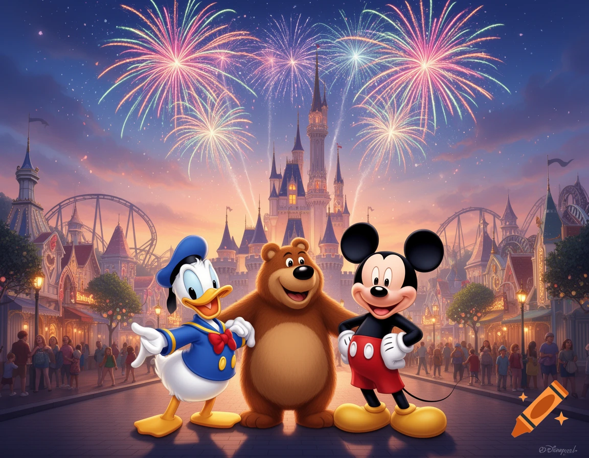 Donald Duck, a brown bear, and Mickey Mouse pose in front of a Disney castle with fireworks over a bustling theme park at sunset.